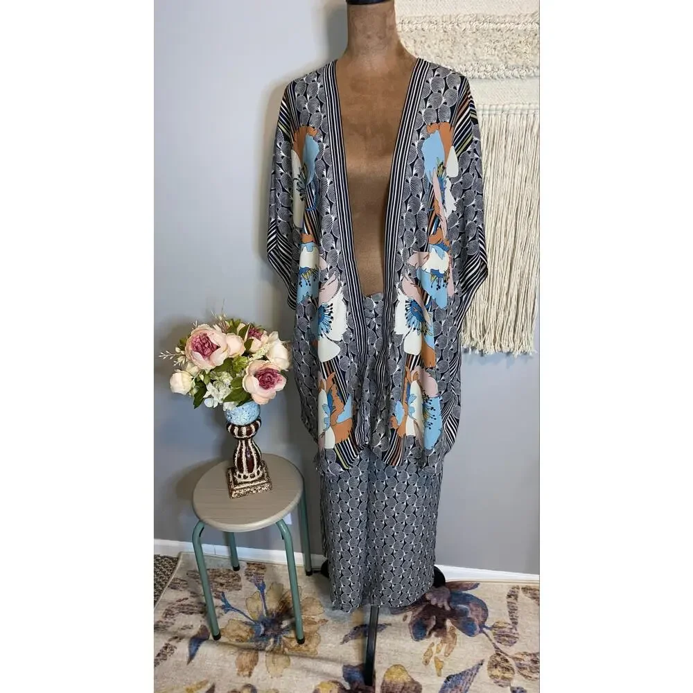 Max Studio London 2 Piece Set M Boho Kimono & Pants Floral Geometric Pockets EUC